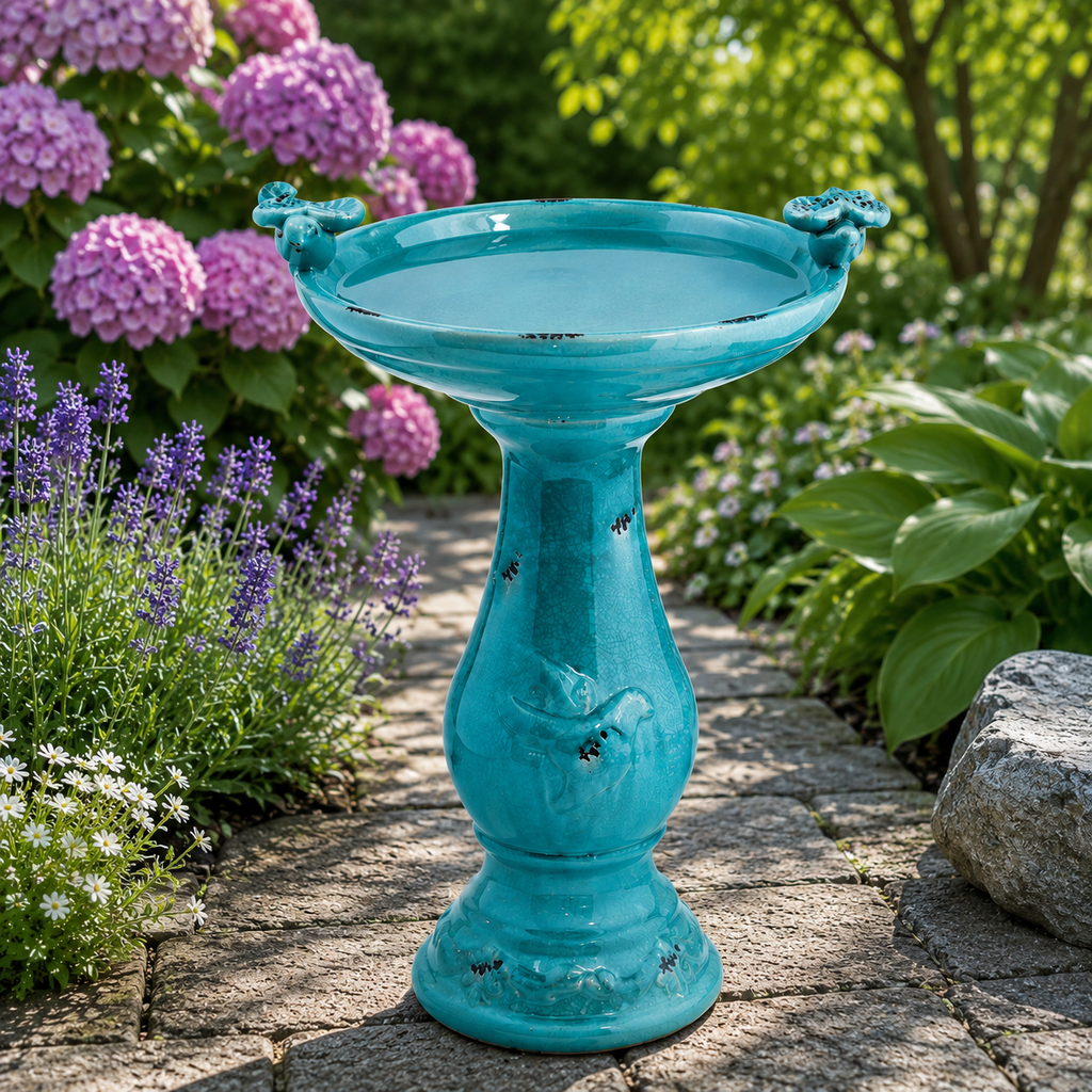 Turquoise Ceramic Pedestal Birdbath