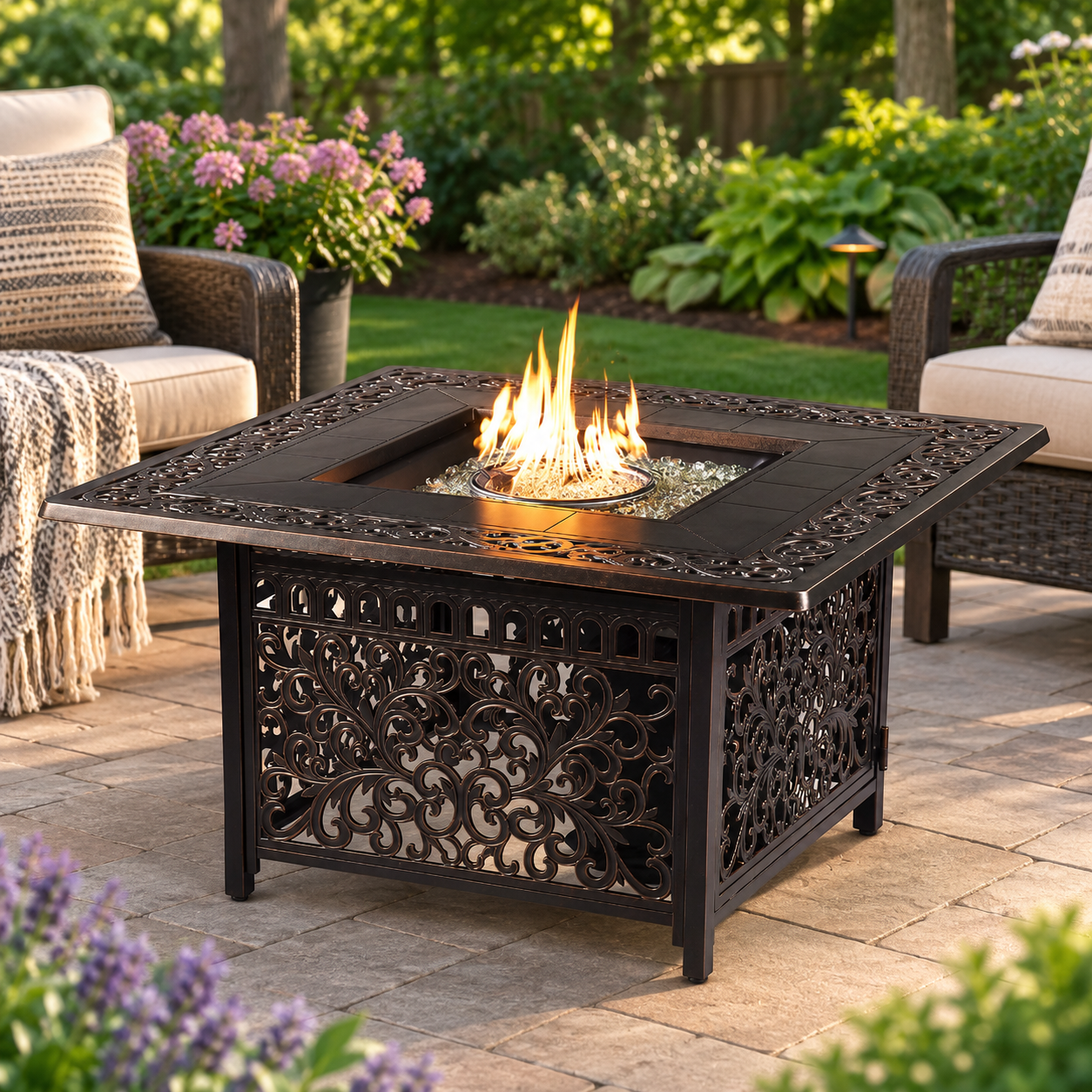 Aluminum 42-in Square Propane Fire Table with Beads, Covers and Lid