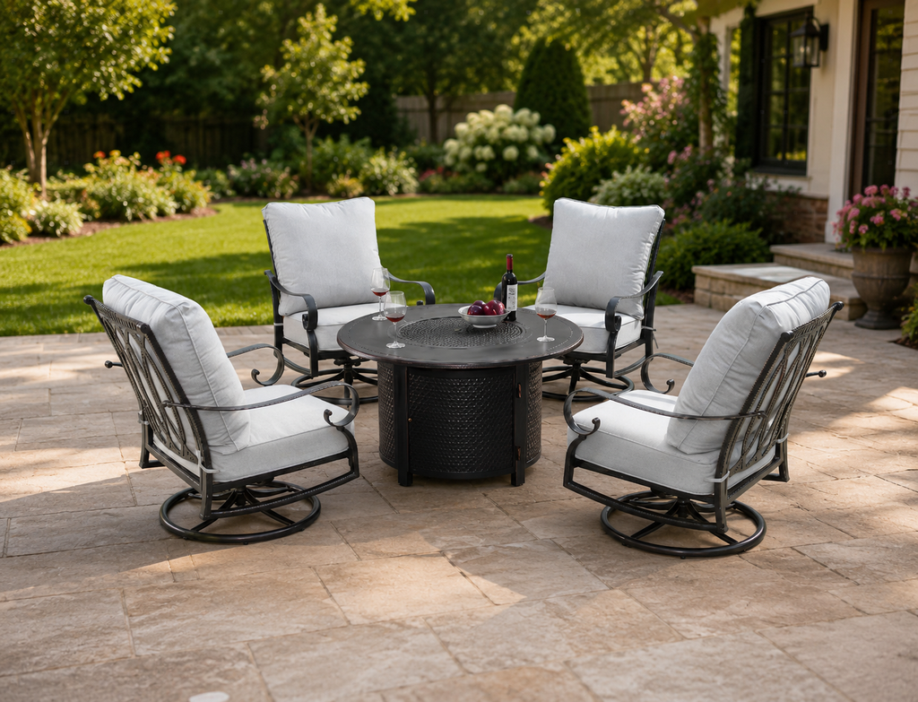 Sharicks Patio Fire Table Set with Swivel Rocking Chairs