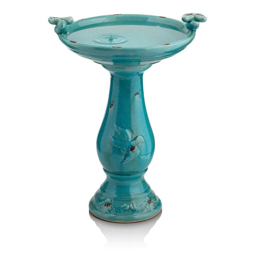 25" Outdoor Turquoise Ceramic Pedestal Birdbath with Decorative Bird Accents