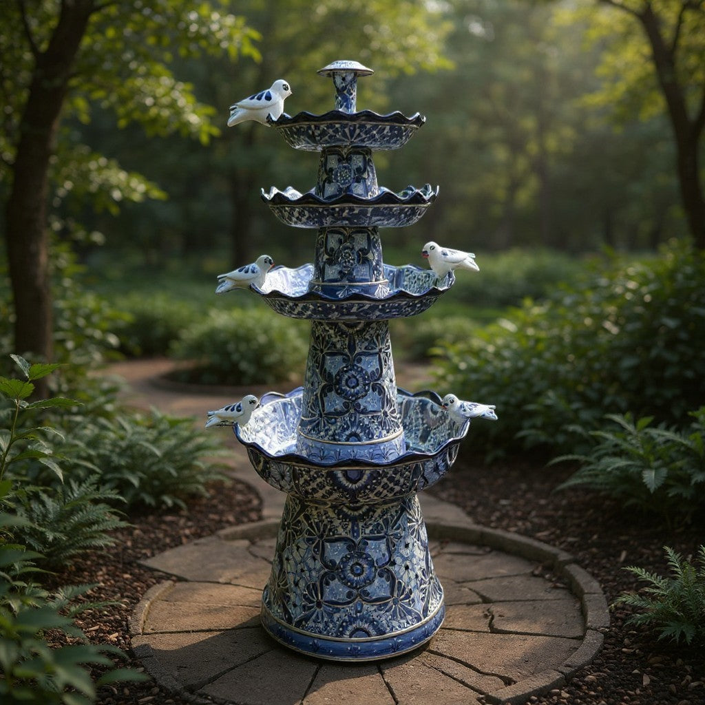 Handmade Blue & White Talavera Garden Fountain